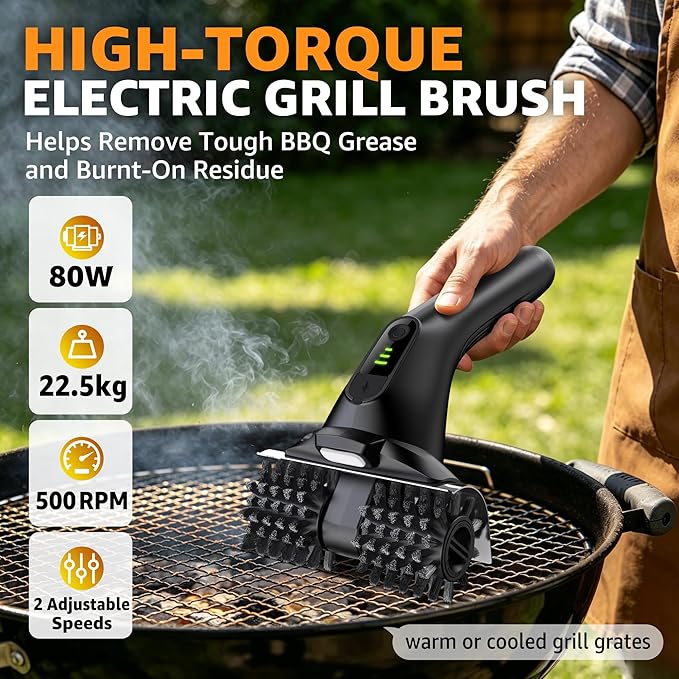 Dual Roller Electric Grill Brush, 22.5kg High Torque BBQ Grill Cleaner with Stainless Steel Bristles, 2-Speed Rechargeable Power Brush for Deep Outdoor Grill Cleaning, IPX5 Waterproof