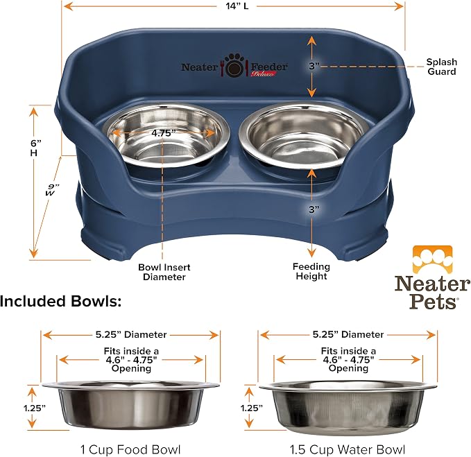 Neater Pet Brands Neater Feeder Deluxe Mess Proof Cat Bowls Elevated, Made in USA, No Spill Raised Bowls for Indoor Cats, Stainless Steel Food and Water Bowl Set, Pet Dish Feeding Station, Dark Blue