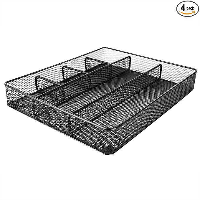 Amazon Basics Mesh Desk Drawer Organizer with 6 Compartments, Non-Slip Office Supplies Storage for Pens and Accessories, Black | Pack of 4