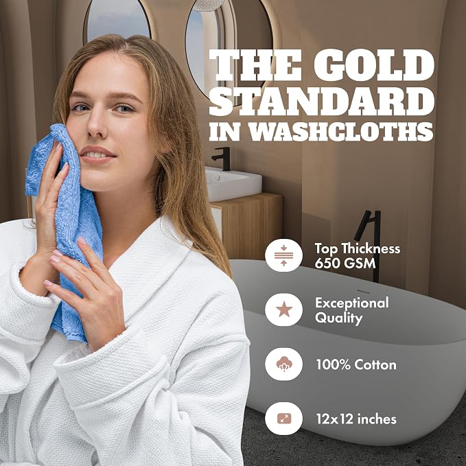 White Classic Wealuxe Light Blue Washcloths 24 Pack - 600 GSM 100% Ring-Spun Cotton Wash Cloths for Showering, Highly Absorbent and Soft | 12x12 Inches