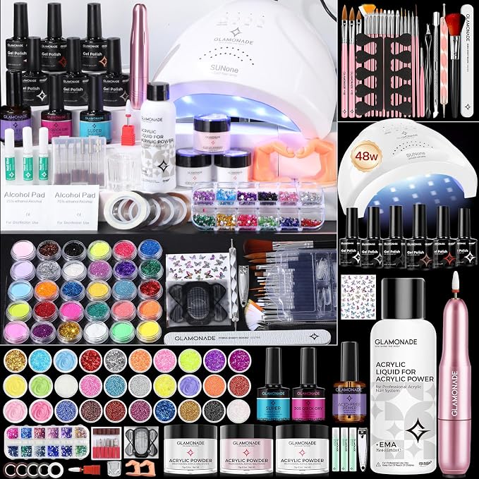 Glamonade Acrylic Nail Kit for Beginners: 0 Experience Needed to Complete Acrylic Nail Starter Kit with 48W Nail Lamp & Drill for Home DIY Manicure