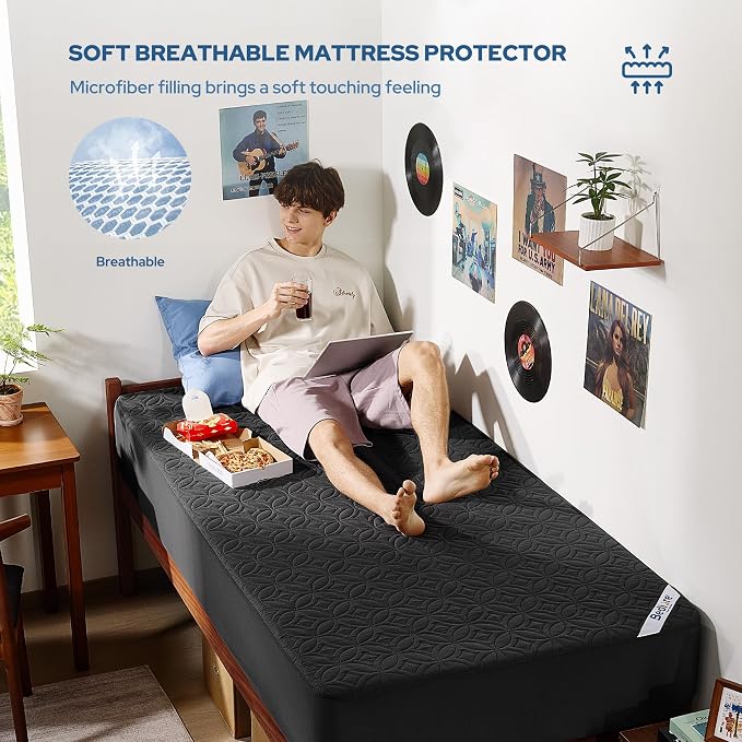 BEDLORE Waterproof Mattress Protector, Twin XL Size Mattress Pad with Deep Pocket 6"-15" Depth, Soft Breathable Dirt-Proof Bed Mattress Cover for Bedroom, College Dorm (Black)