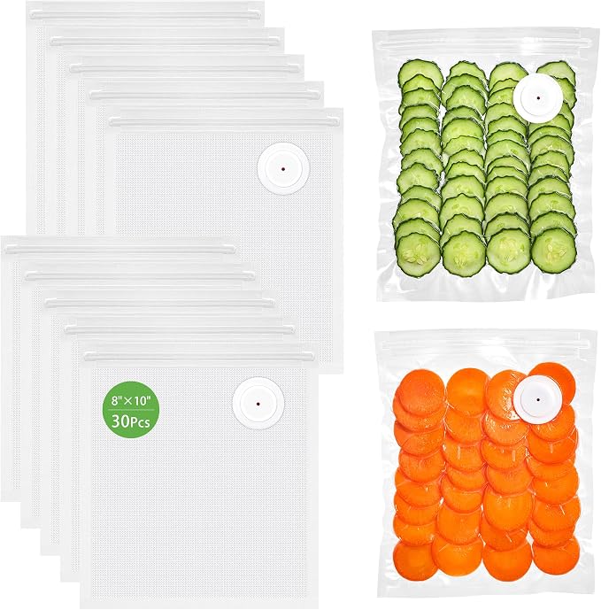 Syntus 30 Pcs Reusable Vacuum Sealer Bags for Food, 8"x10" Small Size | Upgraded Air Valve, Microwave Freezer Sous Vide, Food Storage, Leak-Proof, for Compact Vacuum Sealer