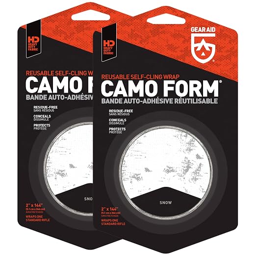 GEAR AID Camo Form Self-Cling and Reusable Fabric Camouflage Wrap, Adds Grip and Shield Hands from Hot or Cold Surfaces to Protect You and Your Equipment, Snow, 2” x 144” Roll, 2 Pack