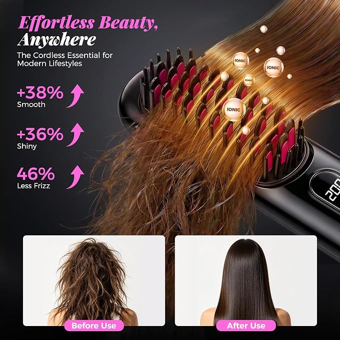 Go Brush Pro 2026, Cordless Hair Straightener Brush, Mini Hair Straightener with 4 Temperature Settings, Portable Hair Straightener Brush with MCH Heating and Ionic & Ceramic Care for Women (Black)
