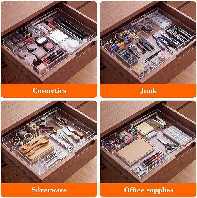Briwooody Acrylic Drawer Organizer Clear Desk Drawer Organizer Trays with Adjustable Compartments Desk Accessories for Office Stationery Makeup Silverware Bathroom (Expandable Style 2)