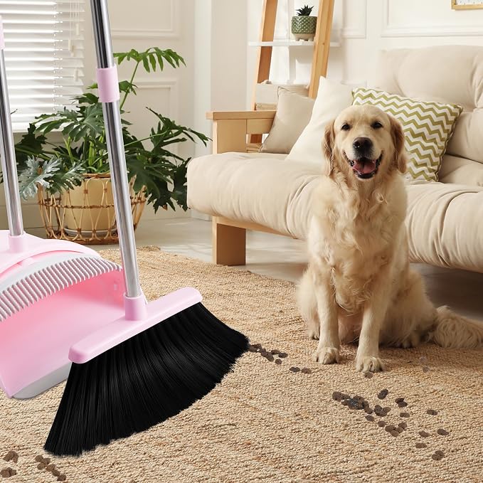 Pink Broom and Dustpan Set for Home, 52-in Long Handle Broom with Dustpan Combo with Dustpan Teeth Easy to Scrape Off Pet Hair, Indoor&Outdoor Sweeping（Pink）