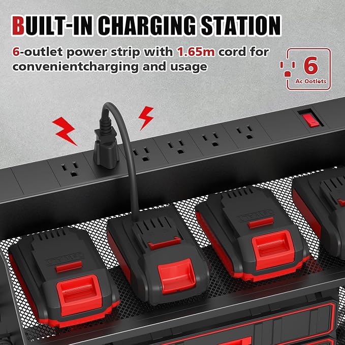 SUNALLY Power Tool Organizer Wall Mount with Charging Station,3 Layer Metal Tool Storage Rack with 4 Drill Holders, Heavy Duty Power Tool Shelf for Garage, Warehouse, Workshop, Gifts for Men, Husband