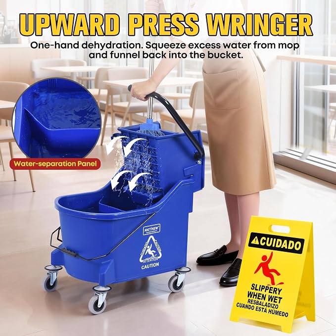 Matthew Cleaning Blue 44Quart Commercial Mop Bucket INCL.Wet String Mop& 19'' Industrial Wet Floor Sign with Side Press Wringer On Wheels,Tandem Portable Floor Cleaning Wavebrake,Ideal for Household