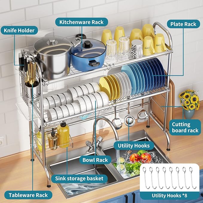 HOWDIA Stainless Steel 2-Tier Over The Sink Dish Drying Rack with Utensil Holder, Large, for Kitchen Counter | Stainless Steel, Cutlery Holder & Chopping Board Rack, for Kitchen Counter
