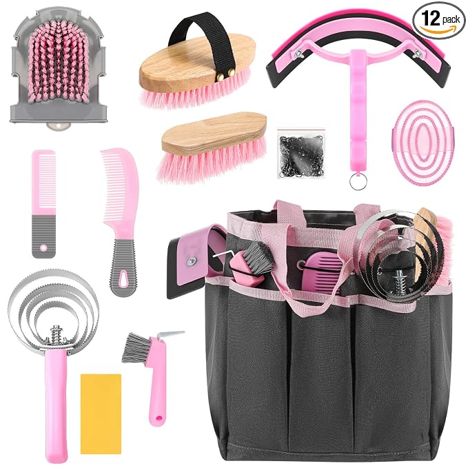 Abbylike 12 Piece Horse Grooming Kit with Organizer Tote Bag Brush Sets for Derby Day Show Horses Professional Tools for Care & Massage(Pink and Grey)
