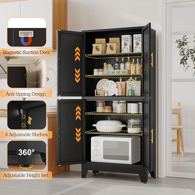 GAIOUS 75.2" Tall Metal Pantry Cabinet, Black Storage Cabinets with 4 Door | and 4 Adjustable Shelves, Kitchen Pantry Storage Cabinet, Freestanding Cupboard for Kitchen Dining Room Living Room Bathroom
