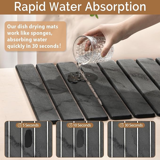Large Stone Dish Drying Mat for Kitchen Counter, Quick Dry Stone Dishes/Bath Mats,Foldable Water Absorbing Diatomaceous Earth Drying Organizer Pad for Plate Rack Bottles Utensils(Dark Gray 24"×16")