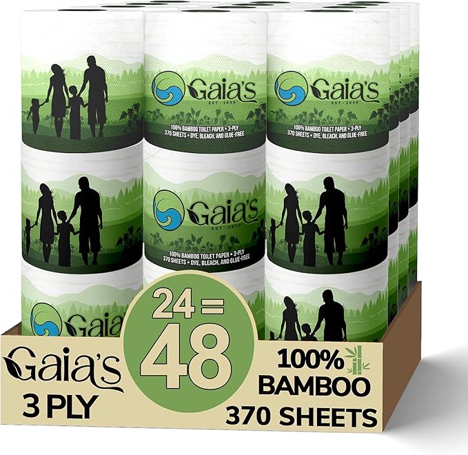 Gaias Premium and Soft Organic Bamboo Toilet Paper | 24 Mega Rolls, 3 Ply, 370 Sheets | FSC Certified, PFAS & BPA Free, Eco-Friendly, Sustainable Tissue - Plastic Free, Septic Safe, Vegan