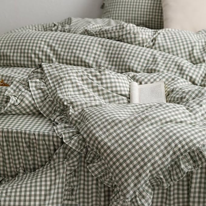 mixinni Green Gingham Ruffle Duvet Cover Queen Size 3 Pieces – 100% Washed Cotton, Vintage Plaid Ruffled Bedding Set with Zipper Ties, Soft Checkered Grid Farmhouse Chic Comforter Cover Set