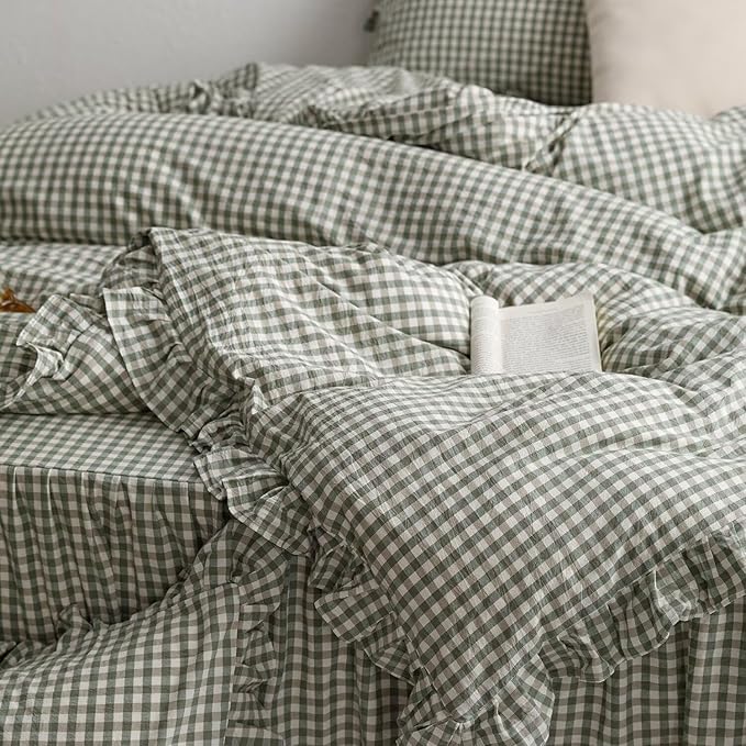 mixinni Green Gingham Ruffle Duvet Cover Twin XL Size 3 Pieces – 100% Washed Cotton, Vintage Plaid Ruffled Bedding Set with Zipper Ties, Soft Checkered Grid Farmhouse Chic Comforter Cover Set