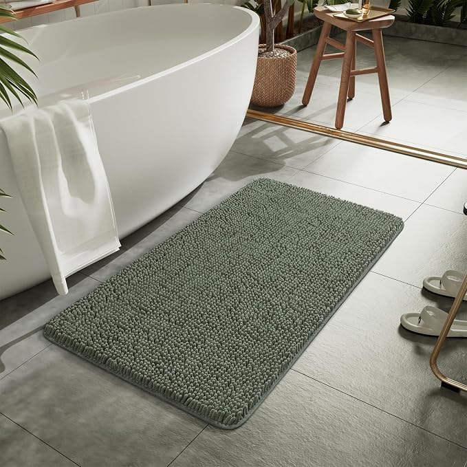 LOCHAS Luxury Bathroom Rug Shaggy Bath Mat 24 x 48 Inch, Sage Green | Washable Non Slip Bath Rugs for Bathroom Shower, Soft Plush Chenille Absorbent Carpets