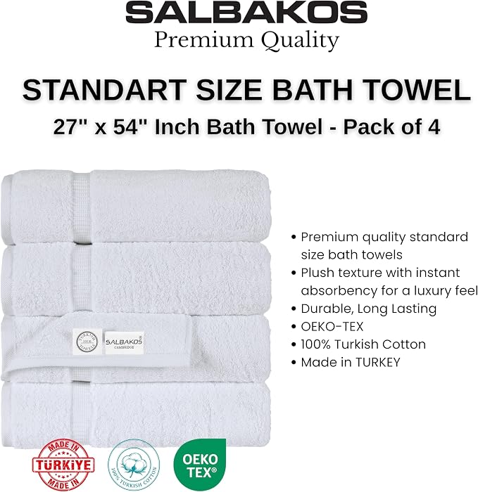 SALBAKOS 4-Piece 100% Turkish Cotton Bath Towels, 27x54 inch, White | Standard Size, 630 Gsm Thick Super Soft Highly Absorbent Quick-Dry Bathroom Towel, Premium Hotel & Spa Quality Made in Turkey