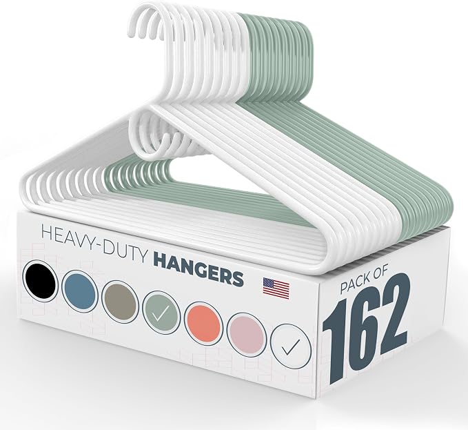 Heavy Duty Clothes Hangers 100+ Pack (162 Count) – Made in the USA – 8lb Capacity Plastic Hangers for Adult Clothing – Durable for Pants, Coats, Jackets, or Jeans – White & Mint