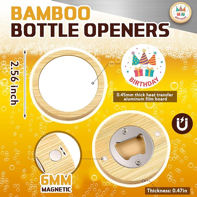 Vesici 12 Pcs 2 in 1 Sublimation Blank Magnetic Bottle Opener 2.5 Inch DIY Bamboo Fridge Magnetic Beer Opener Wooden Heat Transfer Print Cap Openers for Kitchen Bar Restaurant Wedding Gift (Round)
