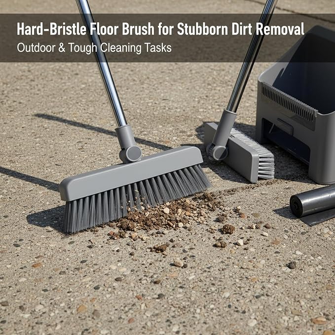 Broom with Dustpan, Broom Dustpan 3-in-1 90° Stand up Heavy Duty Dust Pan and Set with Long Handle 180° Rotation for Indoor & Outdoor Sweeping, Set