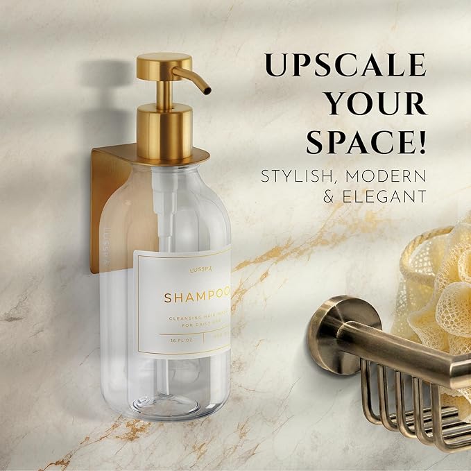 Shower Shampoo Dispenser Wall Mounted – Refillable 16.9 oz Clear Bottle with Stainless Steel Pump & No-Drill Adhesive Holder – Soap Dispenser for Bathroom (1 X Clear/Gold)