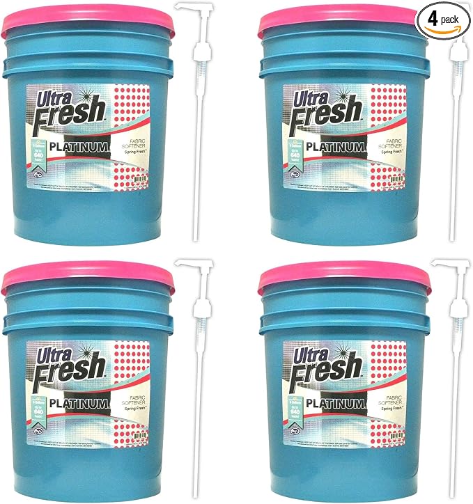 Ultra Fresh Platinum 5 Gallon Spring Fresh Scented Fabric Softener Liquid with Pump for Easy Dispensing for Up to 640 Laundry Loads (4 Pack)