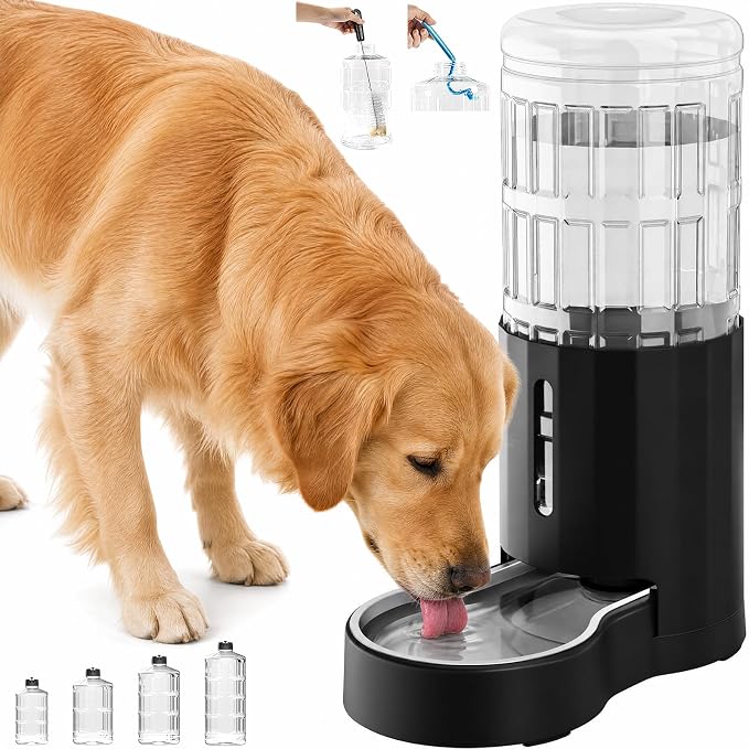 CZPET Dog Water Bowl Dispenser 9.5L, Wider Mouth Gravity Refilling (Black) | With Stainless Steel Bowl Gravity Waterer, Large Capacity and Drinking Area Noise-Free for Pets