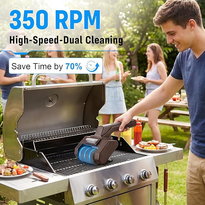 Electric Grill Brush, 350 RPM BBQ Automatic Grill Cleaner with 2 Replace Cleaning Heads, 2600mAh Battery Power Grill Scrubber for Outdoor Flat Top, Cast Iron, Barbecue Grates, Brown