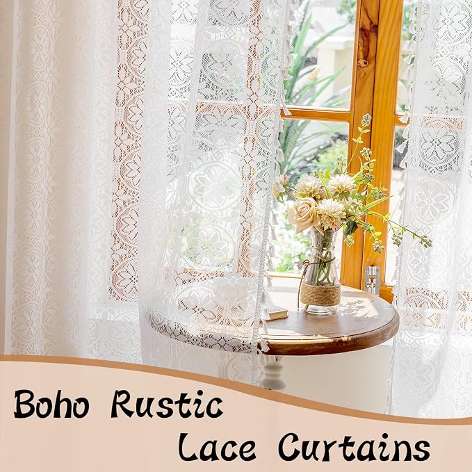 Sutuo Home White Boho Sheer Curtains 2 Panels for Kitchen Bedroom,Ivory Lace Curtains Crochet Floral Vintage Tassels Bohemian Drape Rustic Privacy Cottagecore Window Treatments Rod Pocket, 50" x 63"