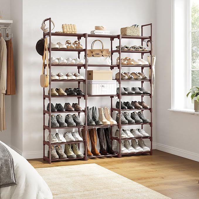 WOWLIVE 9 Tiers Shoe Rack Shoe Storage Shoe Organizer 30-35 Pairs Shoe Tower Unit Shelf Durable Metal Pipes with Plastic Connectors Stackable Cabinet Brown
