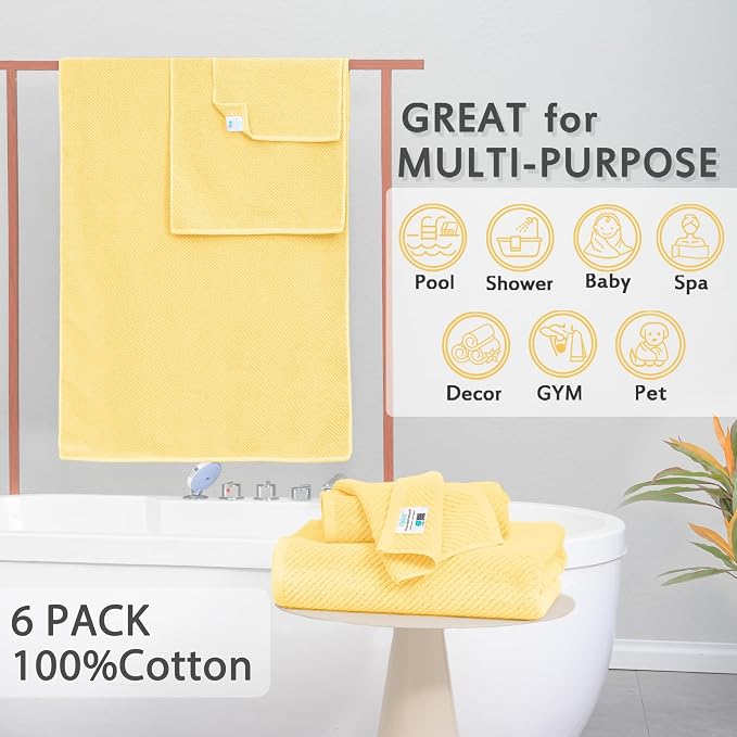 VOOVA & MOVAS 6PC Towel Set, 100% Cotton, Lemon Yellow | 2 Large Bath 30x56 In, 2 Hand 18x28 In, 2 Washcloths 13x13 In, Quick Dry, Thick, Soft, Towel Gift Set