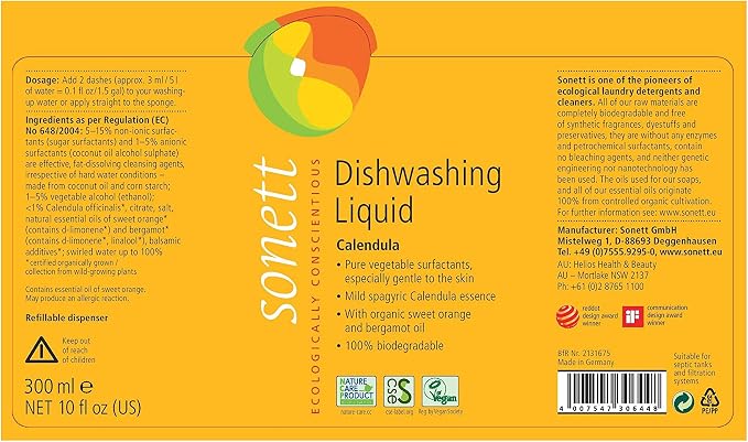 Sonett Organic Dishwashing Liquid (1 Count Calendula, 10 Fl.Oz) Certified Organically Grown
