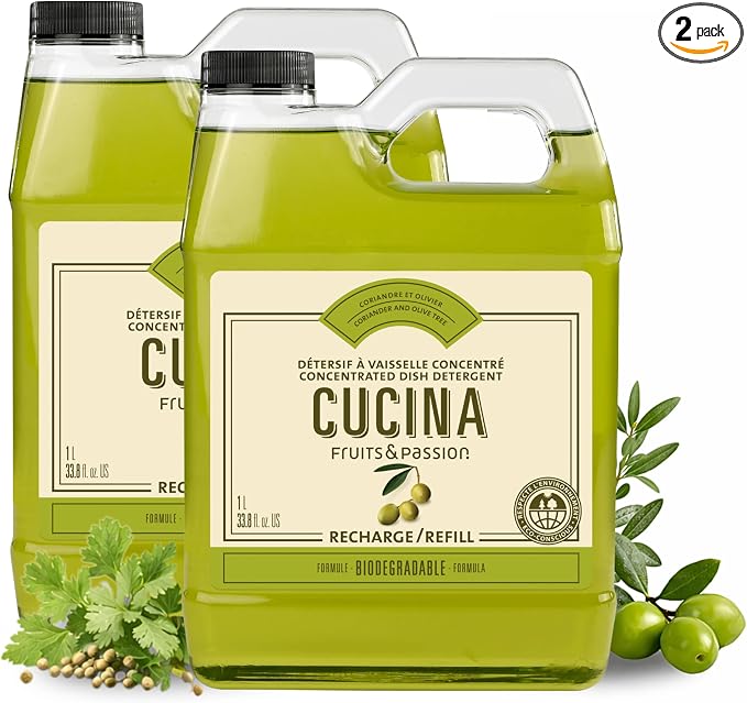 Cucina Dish Detergent Refill, Coriander and Olive Tree Scent, Concentrated Formula, Biodegradable, 33.8 fl oz (1 L) Bottles, 2 Pack, Fruits & Passion