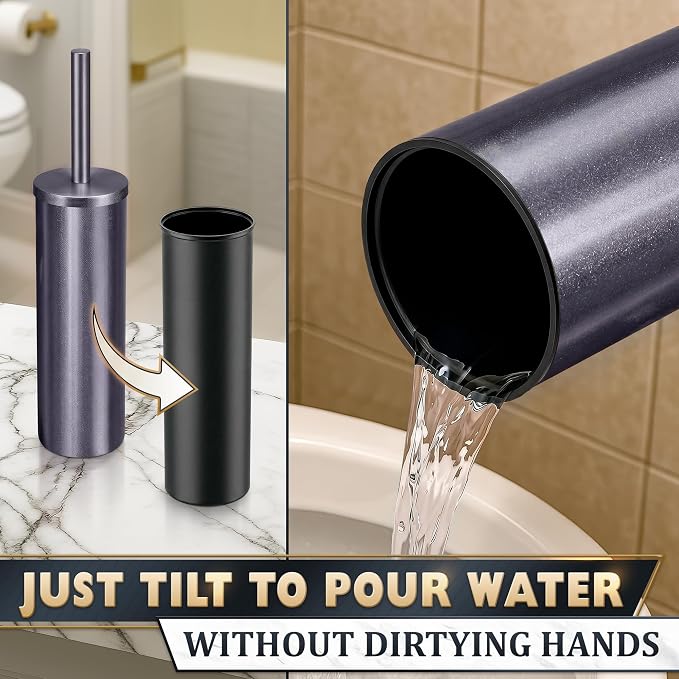 Graphite Metallic Stainless Steel Toilet Brush and Holder Set - Toilet Bowl Brush and Holder with Splash Cover, Sturdy Bristles, Corrosion & Scratch Resistant - Elegant Design, Effective Deep Cleaning