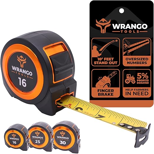 Wrango Tools Tape Measure 16 FT - Measuring Tape Retractable - Oversized & Double-Sided Print - Blade Lock, Finger Brake - High Performance Nylon Coating, 10' Stand-Out - 13' Reach / 1-1/16" Blade