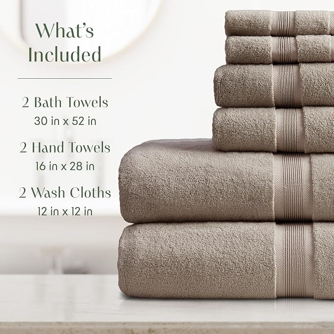 Springtree Home Luxury Bamboo Rayon Bath Towel Set | 6-Piece Set | Brown | 35% Bamboo Rayon - 65% Zero Twist Cotton | Absorbent Quick-Dry Towels for Bathroom | Ultra Soft | OEKO-TEX Standard 100