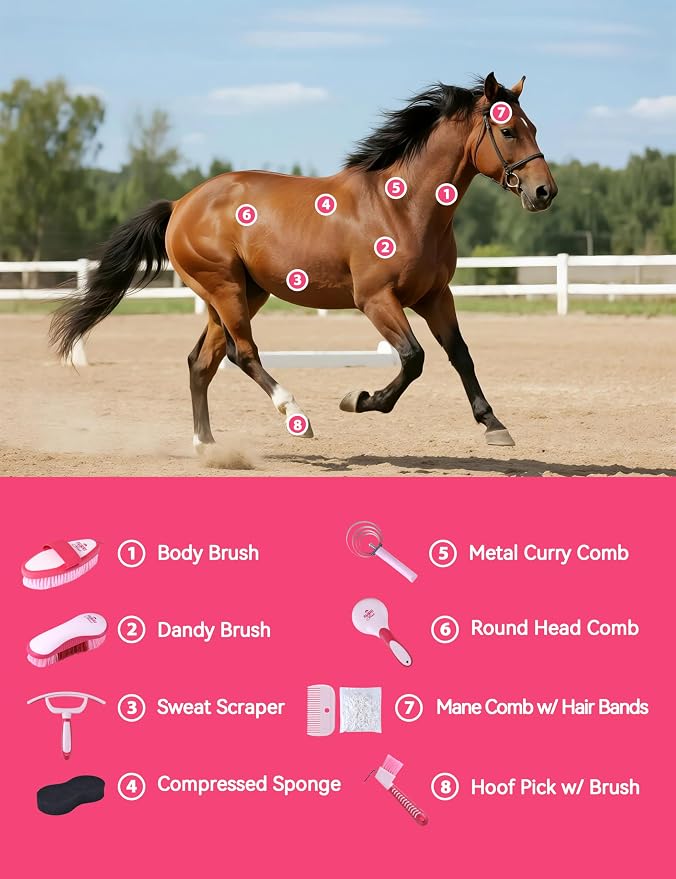 Horse Grooming Kit, 9 Piece Grooming Brush Set with Silicone Curry Comb for Bathing & Shedding Pink Garnet