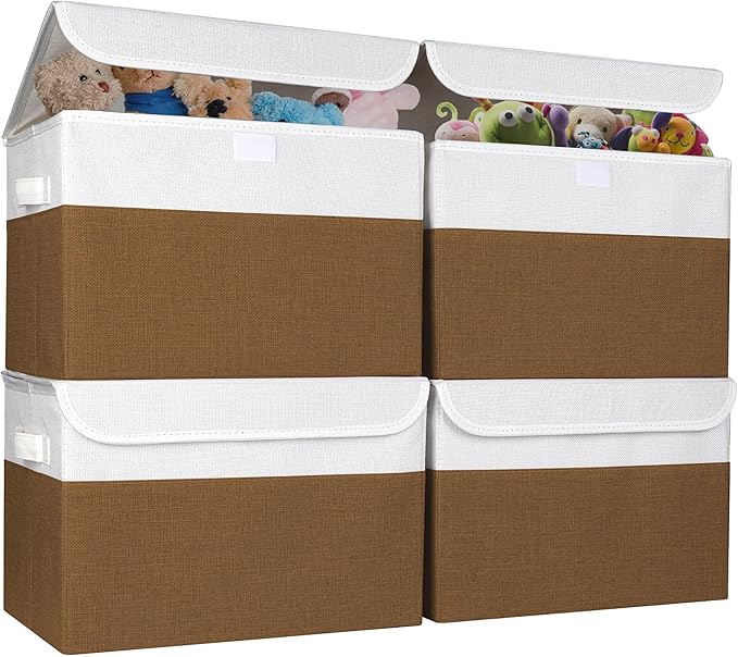 Bagnizer Large 22 Quart Linen Fabric Foldable Storage Bin Cube Organizer Basket with Flip-Top Lid & Handles, Clothes Blanket Box for Home, Office, Closet, Brown & White, 4 Pack 14.6 x 9.5 x 9.5