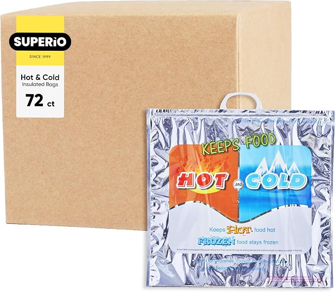 Superio Hot and Cold Insulated Bags for Food Delivery, Grocery Shopping Bags, Food Storage for Hot and Frozen Food for Travel, Disposable Cooler Bag, Reinforced Thermal Lunch Bag (72, 20"x19")