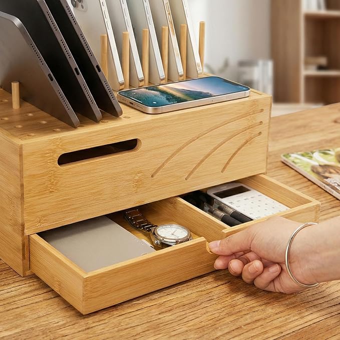 Homde Bamboo Charging Station Organizer: 2 Layer Charger Holder with Drawer for Office Home - Electronic Docking Stand for Multiple Devices, Tablets, Phones