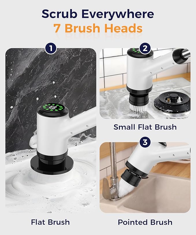 Cordless Electric Spin Scrubber with 7 Brush Heads, White-te1 | Adjustable long handle for shower, tile, grout, sink, tub, floor, and car wheel cleaning
