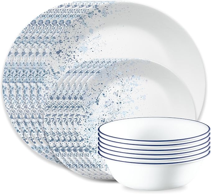 Corelle Vitrelle 18-Piece Service for 6 Dinnerware Set Triple Layer Glass and Chip Resistant, Lightweight Round Plates and Bowls Set, Indigo Speckle