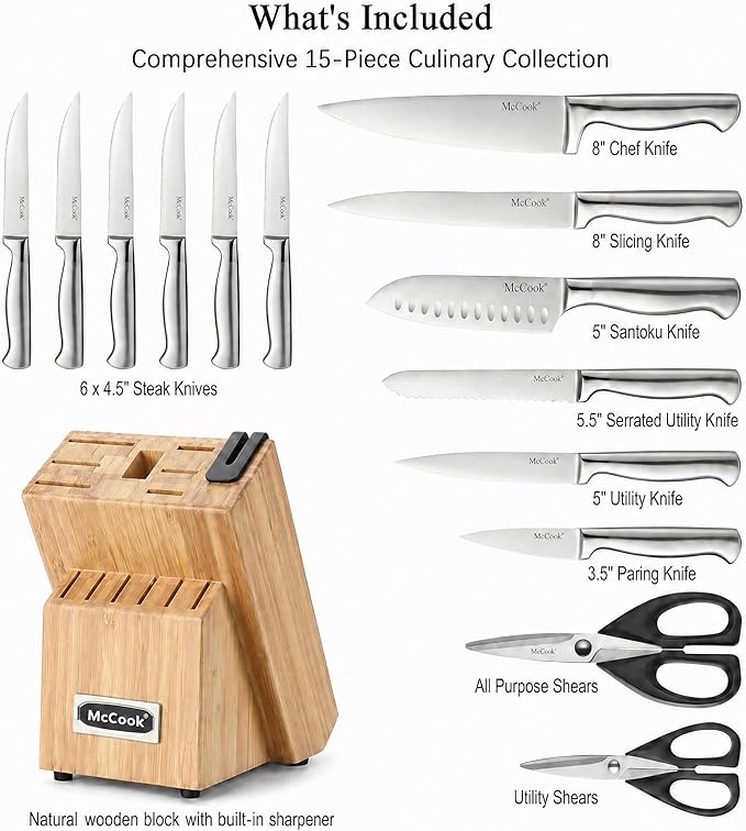 McCook Knife Set Kitchen Steel Knife Block Set w Built-in Sharpener | German Forged Stainless Steel,15 PC,Razor Sharp,Non-Stick&Anti-Rust,Ergonomic Handle,Full Tang,Gift Box