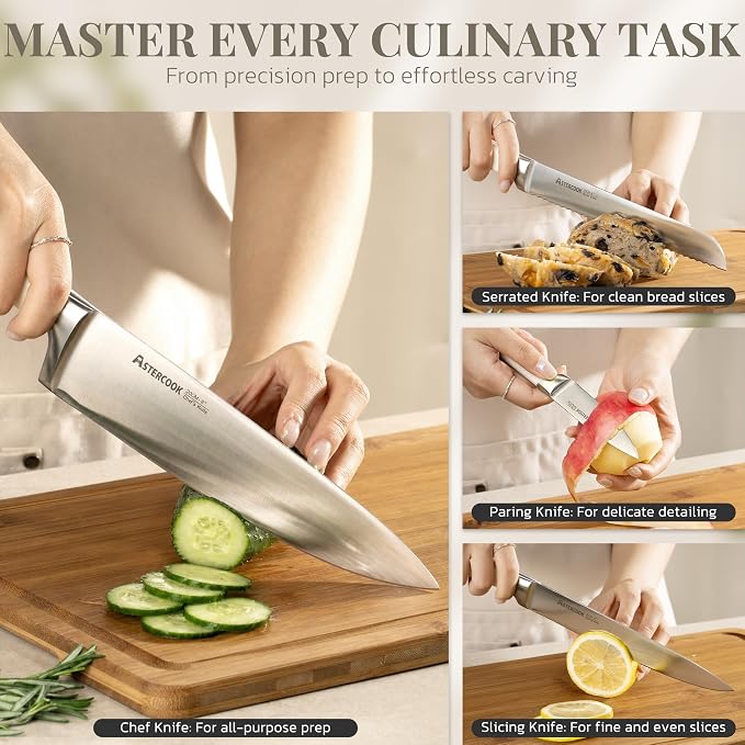 Astercook 6-Piece Kitchen Knife Set with Soda Can-Inspired Block, Full Tang High Carbon Stainless Steel Knives, Retro Cream Design, Dishwasher Safe Knife Sets & ABS Handles - Perfect Kitchen Gifts