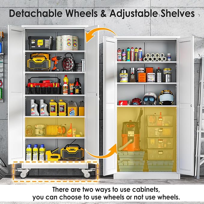 PAOFIN 75''H Metal Garage Storage Cabinet with Wheels,Steel File Cabinets with 2 Doors and 5 Adjustable Shelves for Home Office, Warehouse, Required Assembly,White