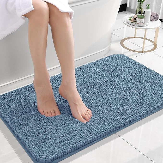 OLANLY Bathroom Rugs 30x18, Extra Soft Absorbent Chenille Bath Rugs, Rubber Backing Quick Dry, Machine Washable Bath Mats for Bathroom Floor, Tub and Shower, Home Decor Accessories, Airy Blue