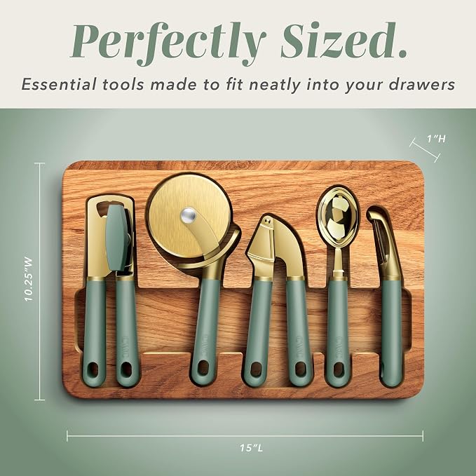 COOK WITH COLOR 6-Piece Kitchen Tool Set with Acacia Wood Cutting Board, Can Opener, Pizza Cutter, Garlic Press, Scoop & Peeler, Sage