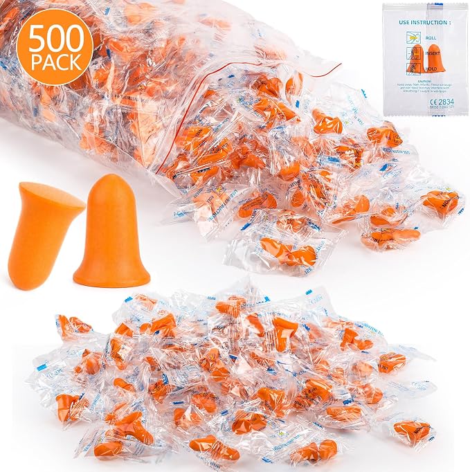 Relaxweex 500 Pairs Ear Plugs for Sleeping 33 db NRR Noise Canceling Ear Plugs Bulk Pre-Shaped Foam Disposable Earplugs for Shooting Range Travel Concert Construction Work, Individually Packaged
