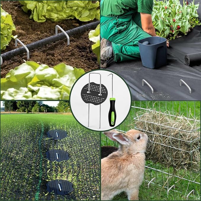 Landscape Staples 6 Inch 100 Pack Kit, Heavy Duty 11 Gauge Hot-Dip Galvanized Garden Stakes with 100 Gaskets & 1 Pick Hook for Weed Barrier, Landscape Fabric, Sod, Turf & Garden Edging
